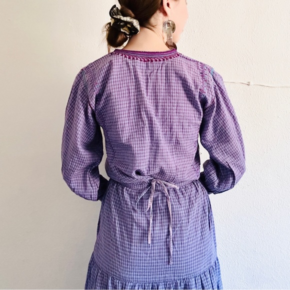 80s VTG Cotton Purple Plaid Mexican Indian Embroidered Skirt Folk Art Skirt Set - Picture 6 of 16